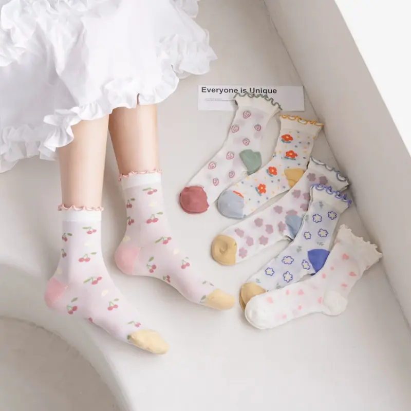 Cute socks women's spring and summer thin mesh hollow breathable mid-tube cotton socks sweet cartoon socks