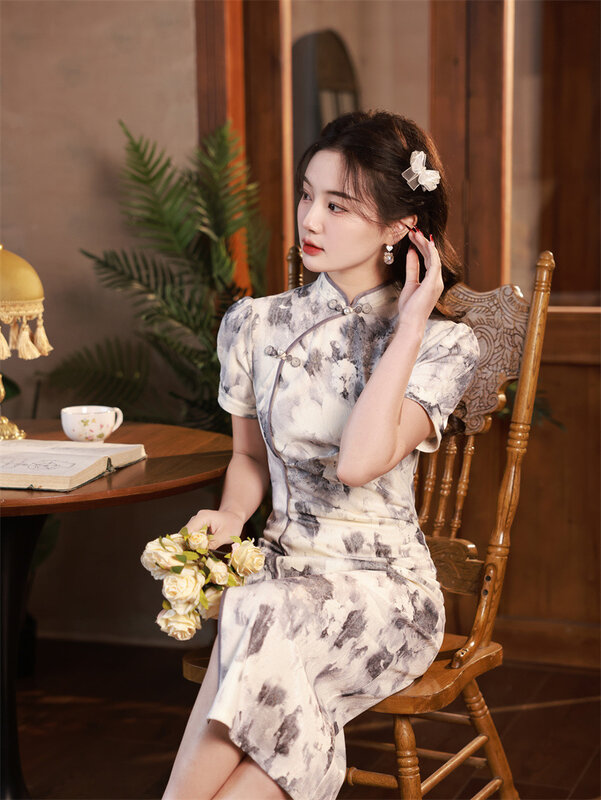 Summer New Ink Printing Girl Cheongsam Elegant Vintage Traditional Dress Slim Chinese Ethnic Style Fashion Women Modern Qipao