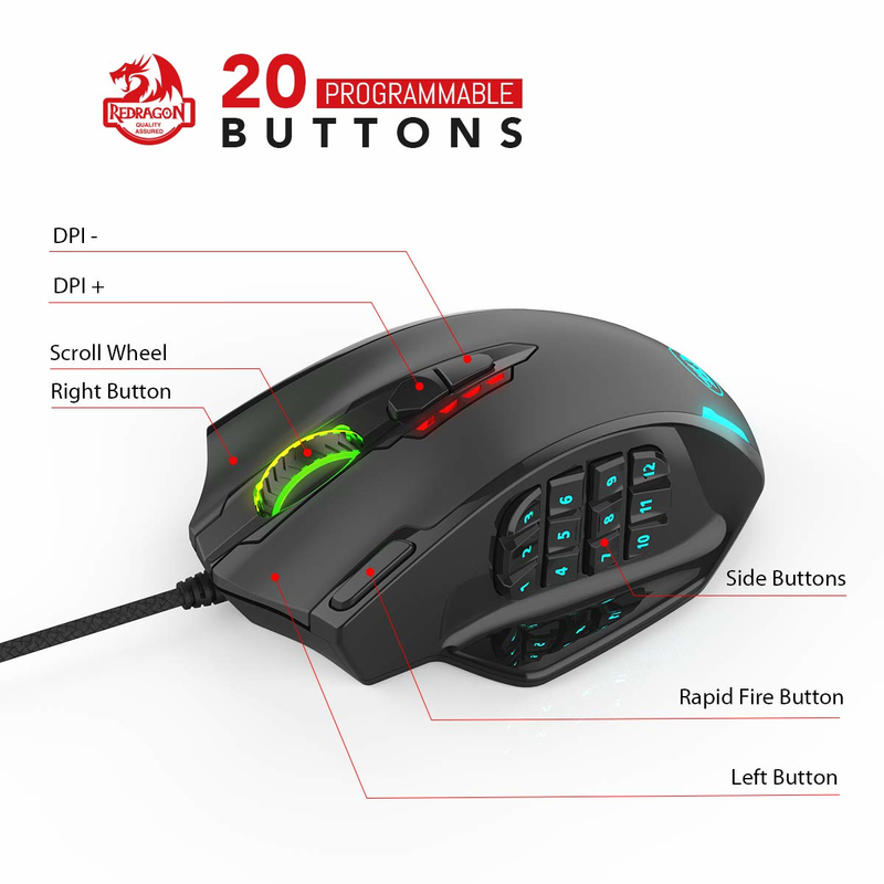 Redragon m908 rgb LEDバックライトマウス,USBケーブル,18プログラム可能,ボタン12400 dpi
