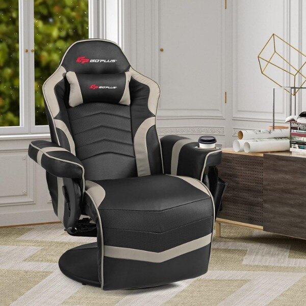 POWERSTONE-Cadeira reclinável do jogo com apoio para os pés, massagem, ergonômico, couro do plutônio, único sofá, suporte do copo, encosto de cabeça