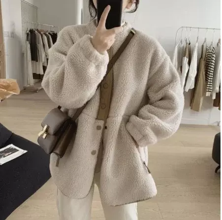 Jaket wol longgar lengan panjang wanita, mantel parka Korea musim dingin longgar ukuran ekstra besar untuk wanita