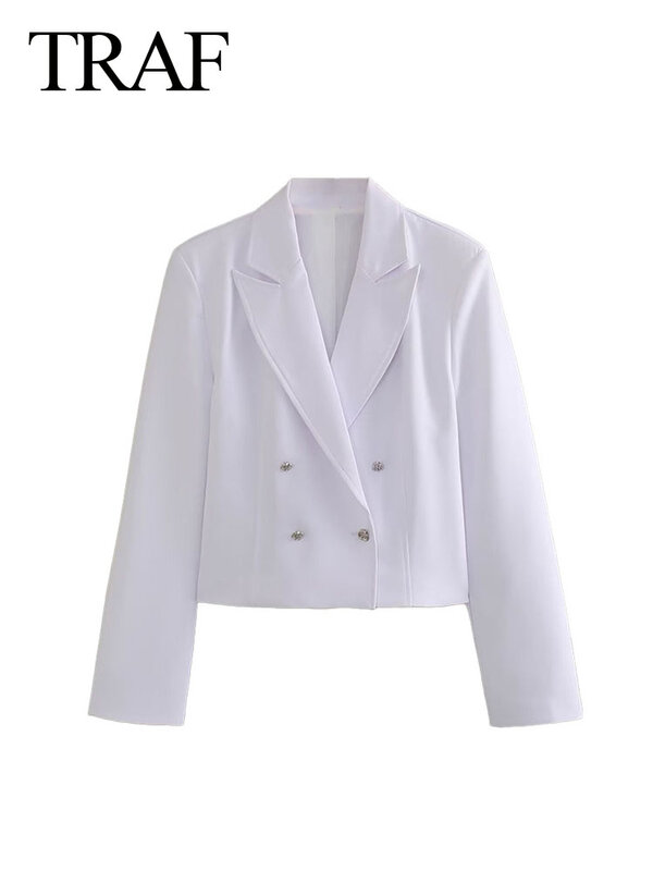 TRAF mantel musim panas wanita, Blazer kantor wanita lengan panjang kerah Turn-Down warna putih, mantel musim panas mode 2024