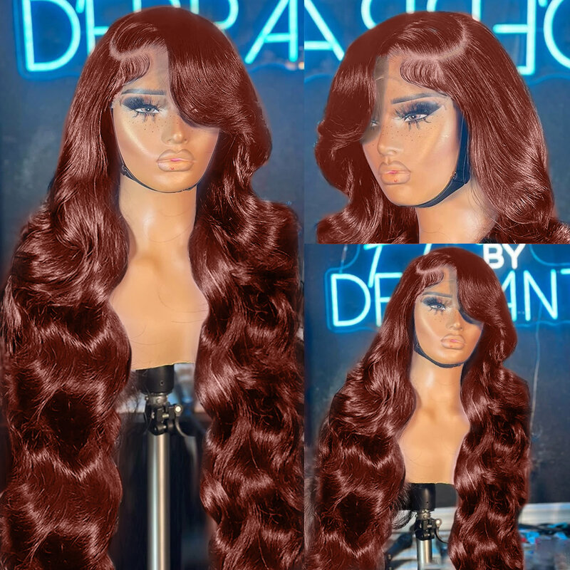 Парик из человеческих волос красновато-коричневого цвета, волнистый, 13x6 дюймов