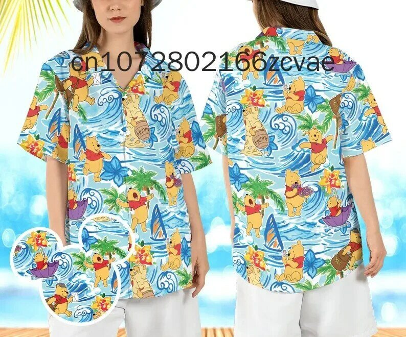 Disney Pooh Bear Hawaiian Shirt Disney Casual Fashion Button Short sleeved Hawaiian Shirt Men's and Women's Children's Shirt