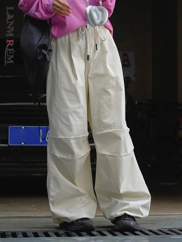 [LANMREM] Drawstring Design Streetwear Pants For Women Solid Wide Leg Nylon Trousers Tide Clothing 2024 Summer New 26D8735