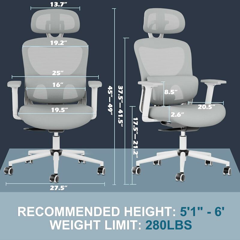 GABRYLLY silla de oficina ergonómica con soporte Lumbar ajustable, reposabrazos 3D, reposacabezas, respaldo de inclinación de 4 niveles, malla para el Hogar C