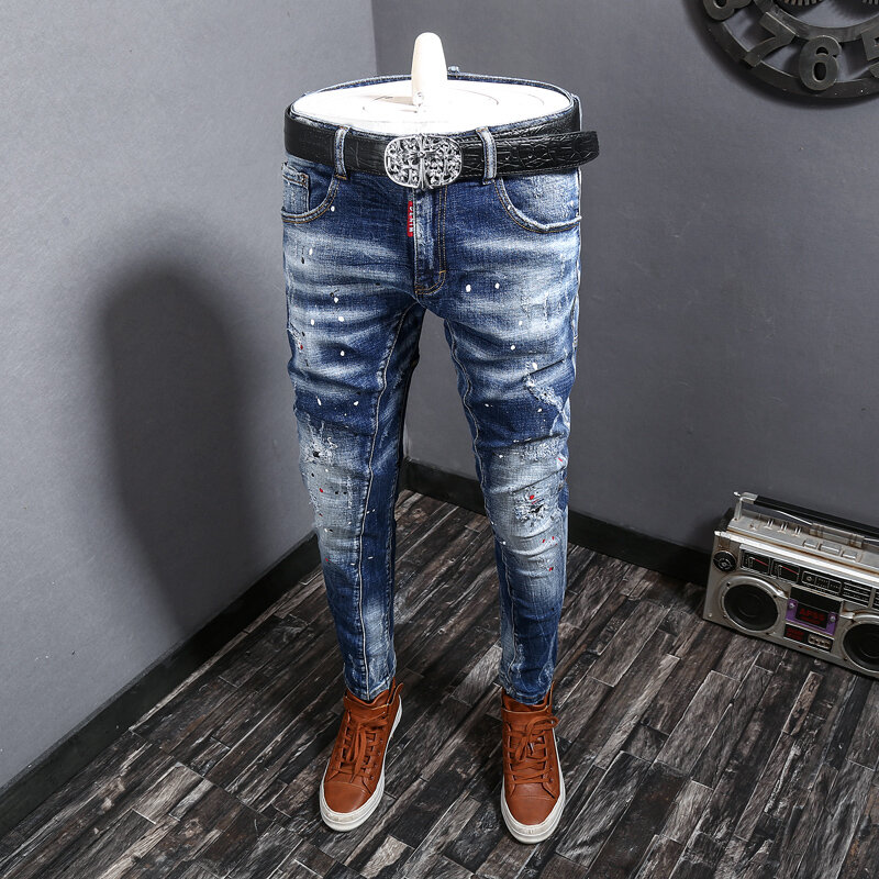 Calças de brim dos homens da moda de streetwear retro azul elástico fino ajuste emendado designer biker jeans calças de brim