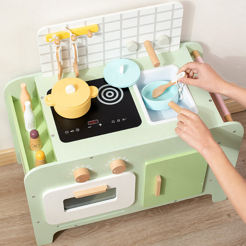 Children's Playhouse Toys Green And Fresh Small Kitchen Combination Simulation Of Boys And Girls Kindergarten Wooden Toys