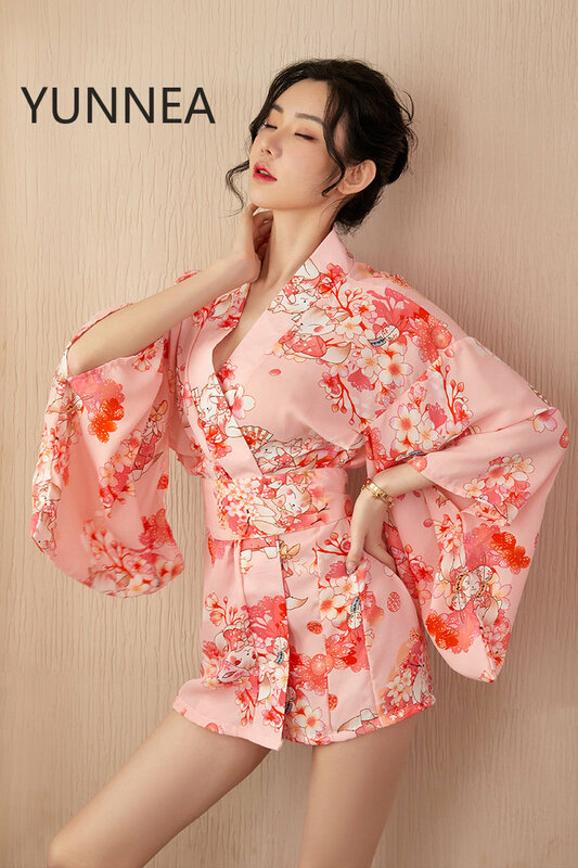 Sexy Lingerie New Japanese Impresso Chiffon Cintura Kimono Apaixonado Uniforme Conjunto Roupão