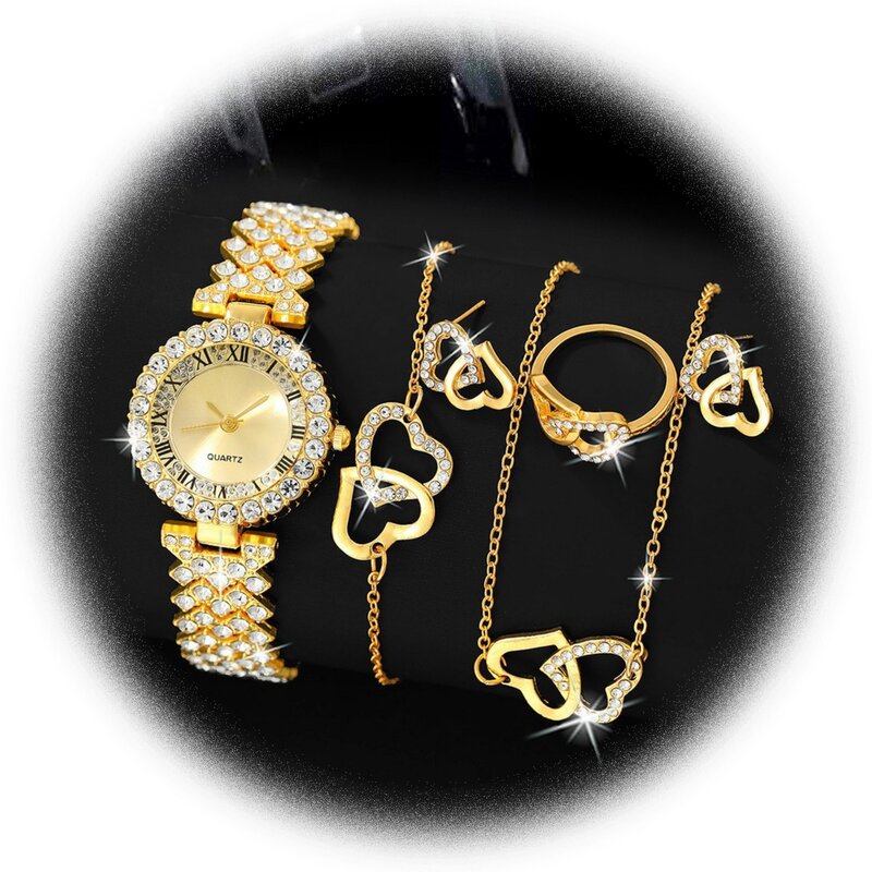 Dainty Quartz Watch com conjunto de jóias em forma de coração para mulheres, strass para senhoras, presente dos namorados