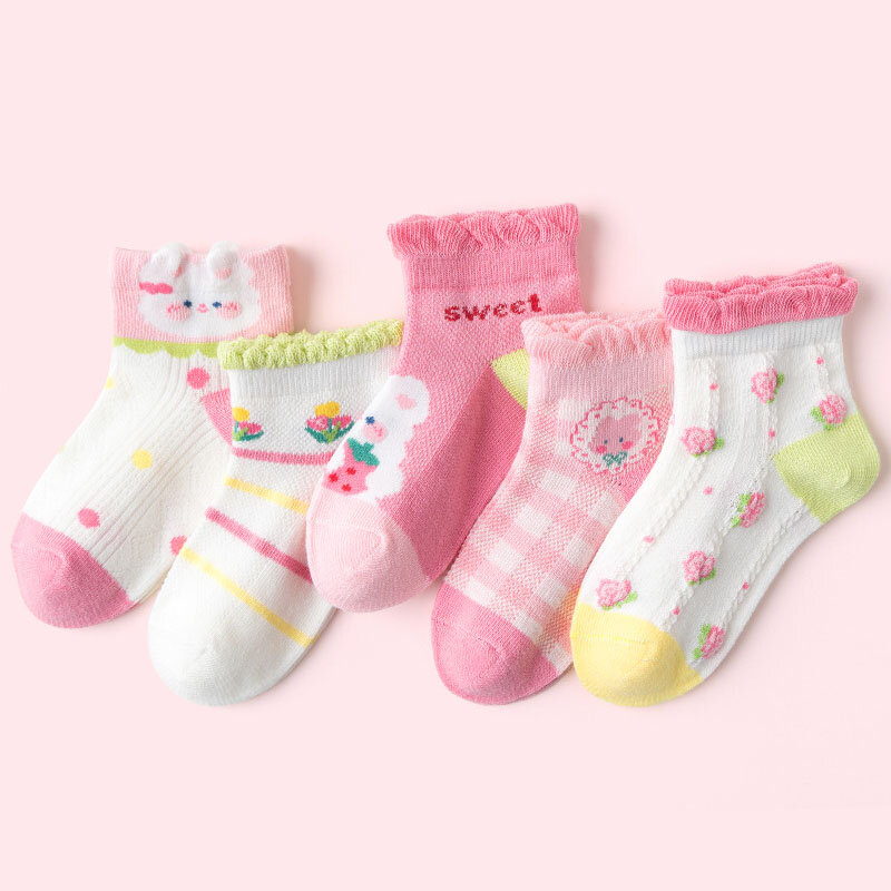 Calcetines de algodón con dibujos animados para niño niña bebé y adolescente de malla suave para estudiantes de 1 a 12 años 5 pares / lotes Chica Chico Moda Verano Calcetines