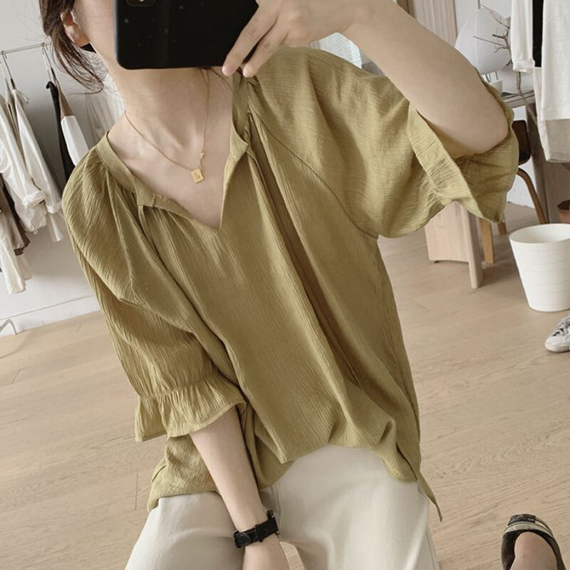 Blusas baggy feminino alargamento manga com decote em v do vintage verão têmpera senhoras coreano moda roupas chemise femme estética minimalista