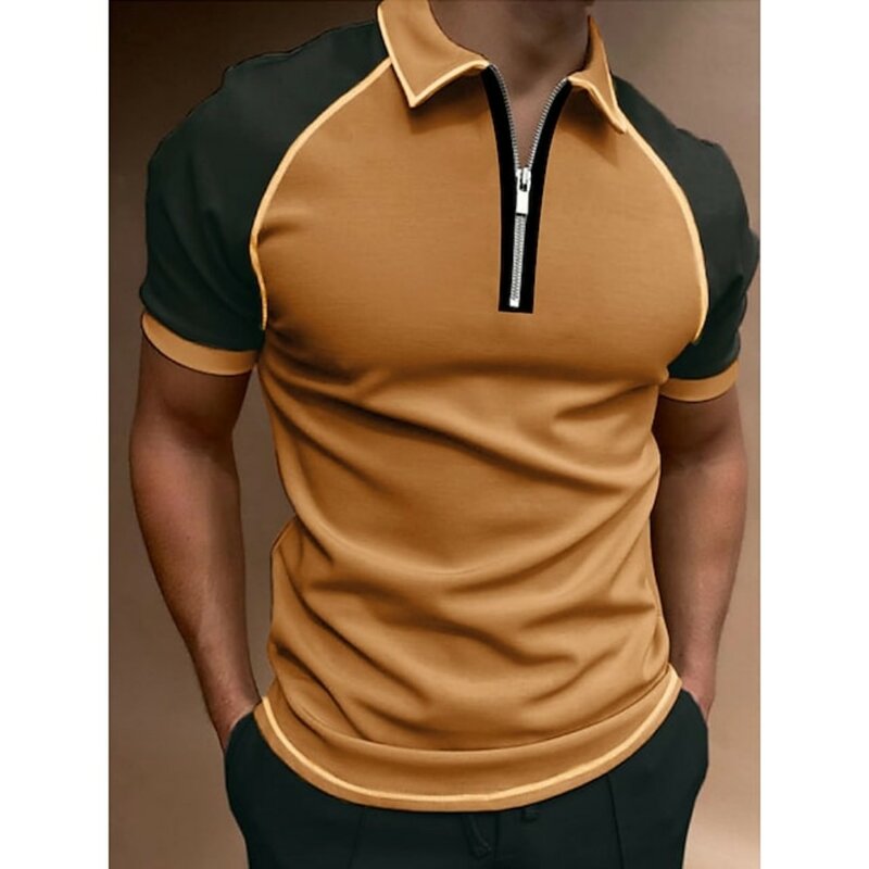 Verão manga curta retalhos polo camisa masculina casual fino lapela zíper cardigan respirável camisa polo dos homens roupas de moda