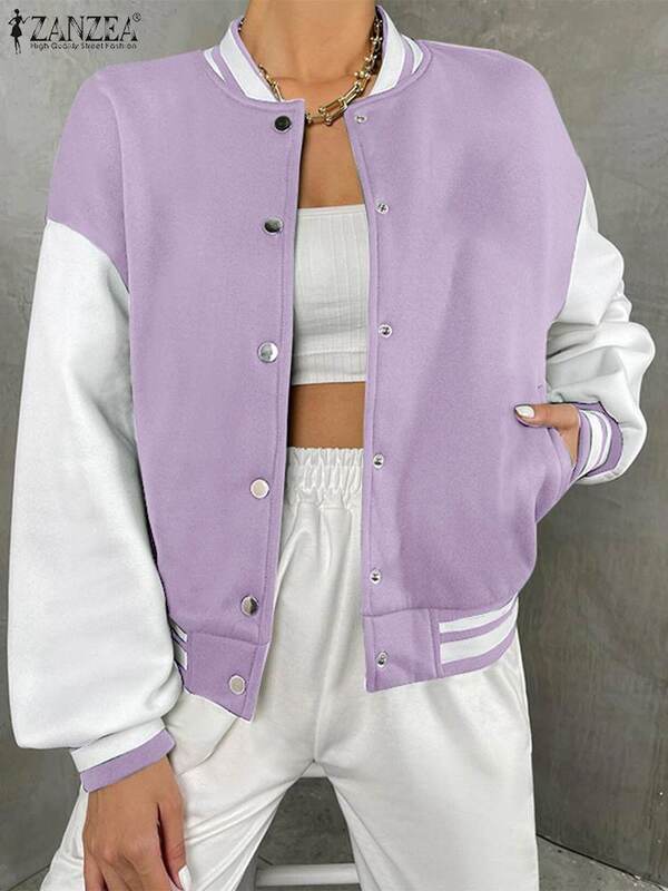 ZANZEA 2023 New Women Baseball Jacket Colorblock Bomber Chic Hip Hop Autumn Street Coats Casual Loose College Style Coat Outwear