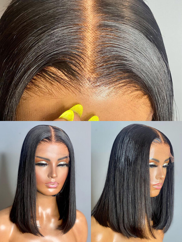 باروكة شعر بشري أمامية بشريط شفاف للنساء ذوات البشرة السمراء ، باروكة قصيرة من بوب ، باروكة طبيعية مستقيمة بدون غراء ، 13x4