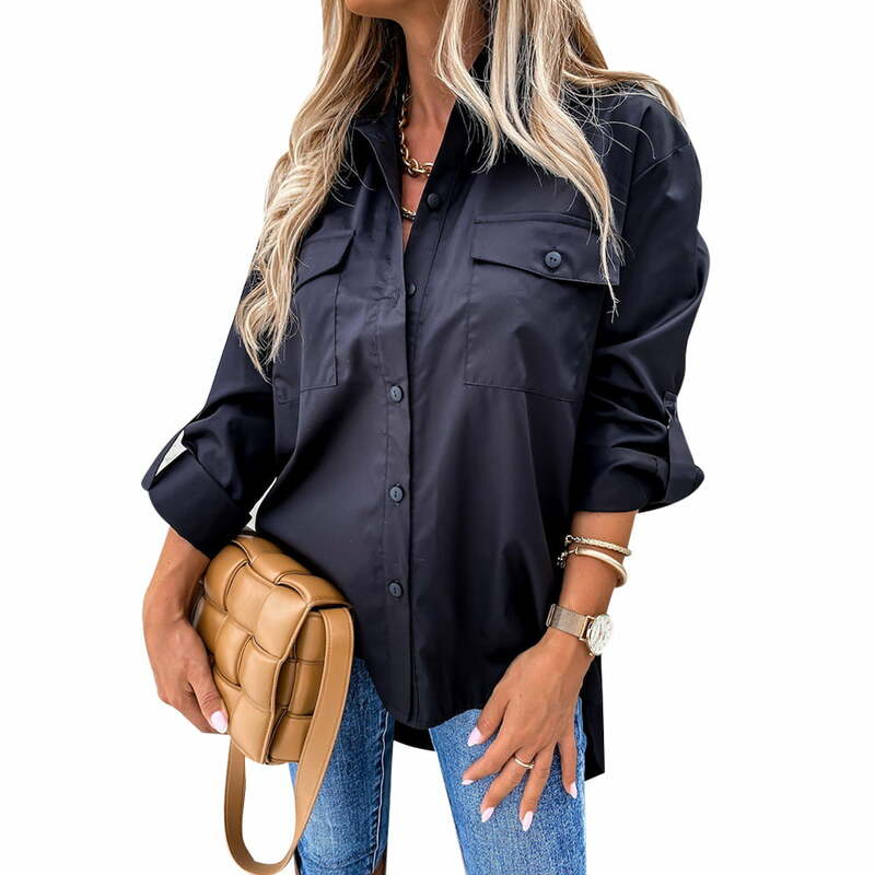 Women Baggy Shirt Button Up Long Sleeve Ladies Casual Loose Plain Blouse Tops
