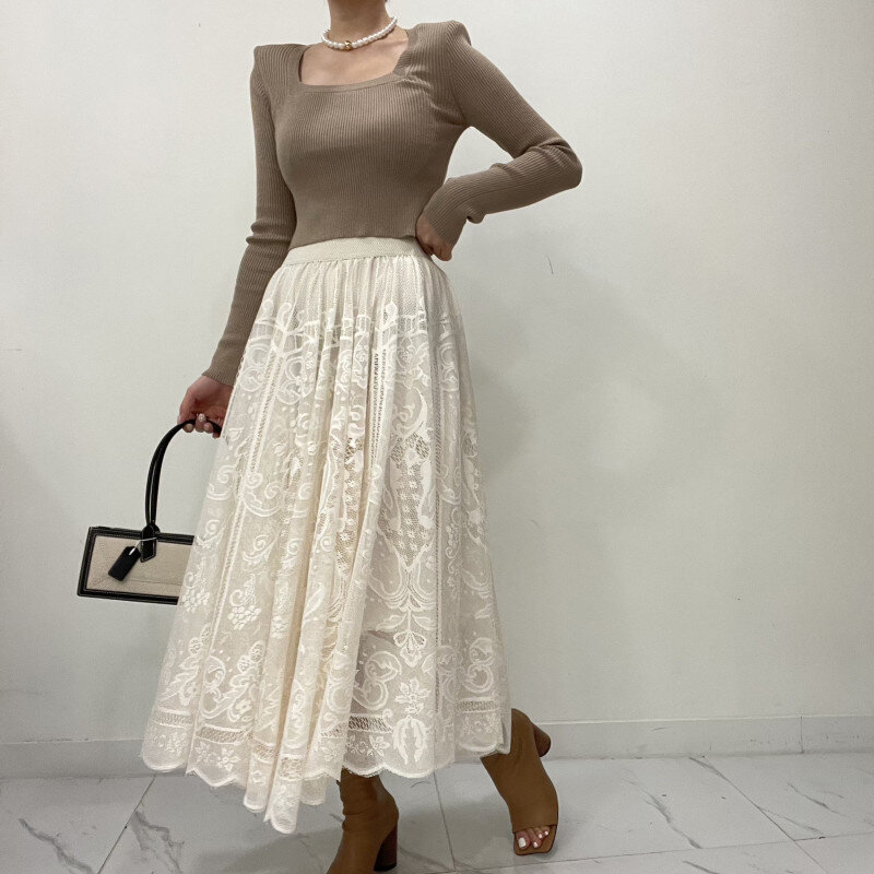 Falda larga con diseño de temperamento para mujer, Falda larga de cintura alta, elástica, con gancho de encaje, estilo Retro, a la moda, 2023