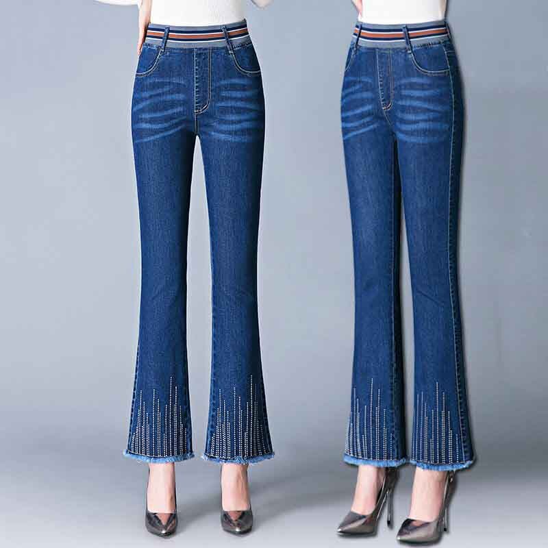Wiosenne letnie modne koreańskie proste casualowe jeansy rozkloszowane damskie nowe solidne elastyczne haftowana z wysokim stanem przycięte spodnie proste