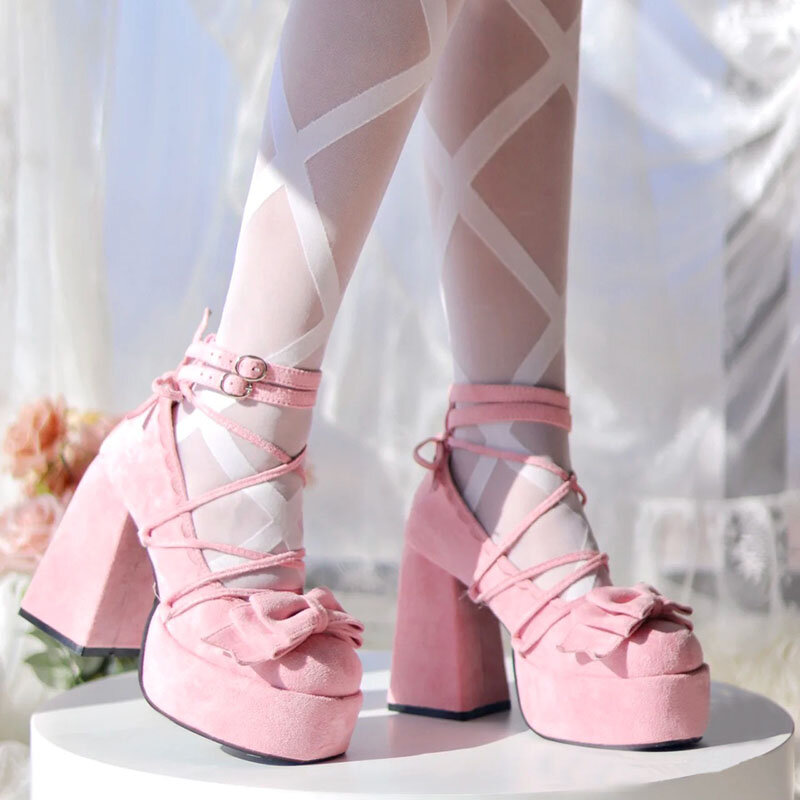 Lolita Mary Jane รองเท้าส้นสูงสตรี, รองเท้าส้นสูงมีโบว์ผูกโบว์รองเท้าผู้หญิงหวานๆแฟชั่นน่ารักฮาราจูกุ