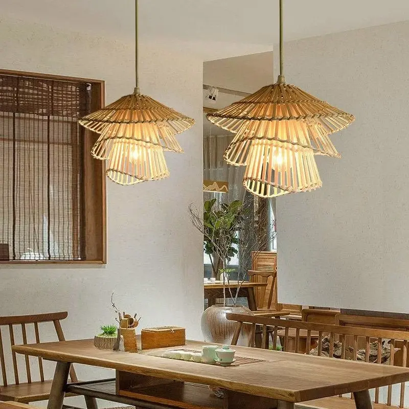 Candelabro moderno de mimbre hecho a mano, lámpara colgante creativa de varios pisos para restaurante, decoración de sala de estar, accesorios de iluminación tejidos de Bambú