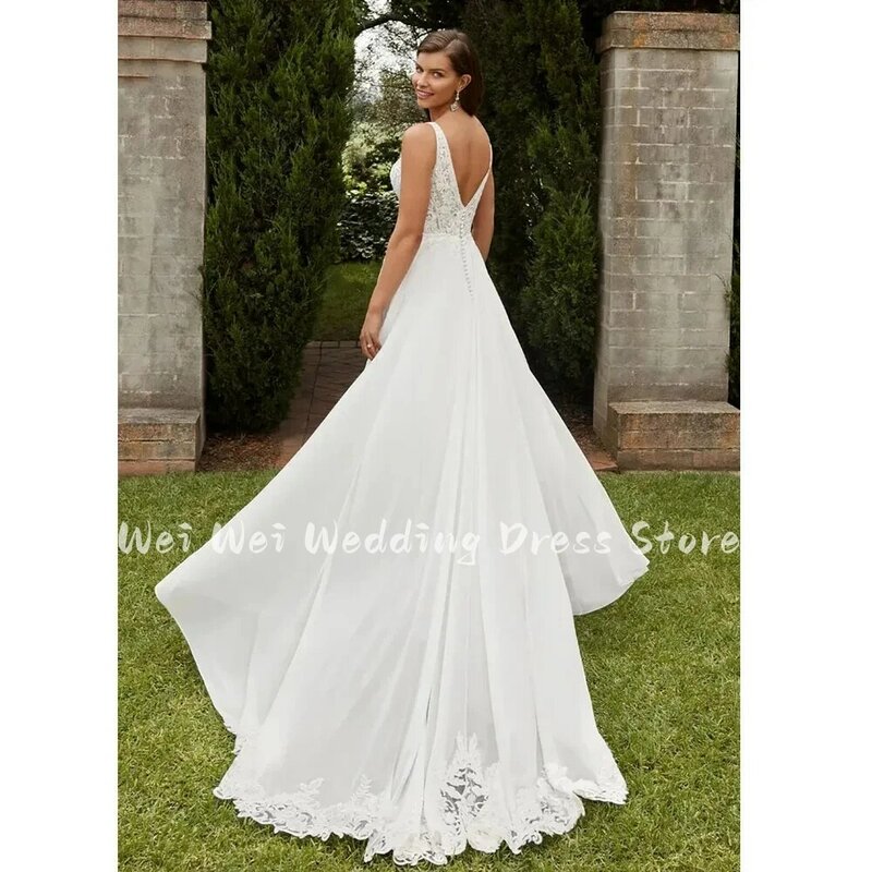 Женское вечернее платье с кружевной аппликацией, привлекательное свадебное платье с V-образным вырезом, открытой спиной и пуговицами на спине, шифоновое атласное платье для невесты, 2023