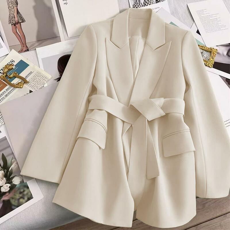 Lightweight Business Coat Formal Business Style Women's Suit Coat with Belted Waist Slim Fit Long Sleeve Office Coat for Ol