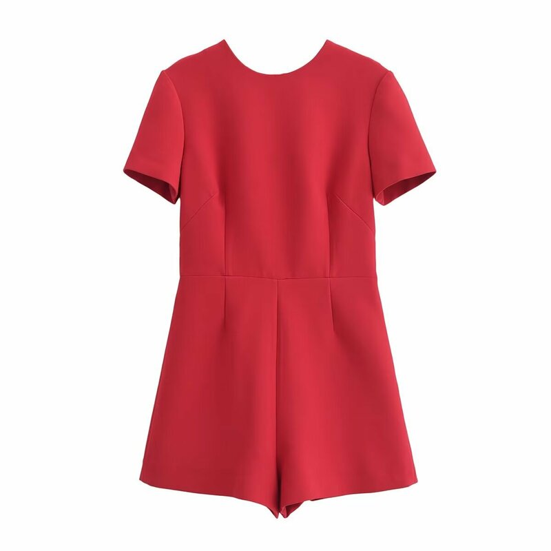 Retro casual chic women's red solid color O-neck bow backless straight fashion 2024 summer one-piece shorts skirt