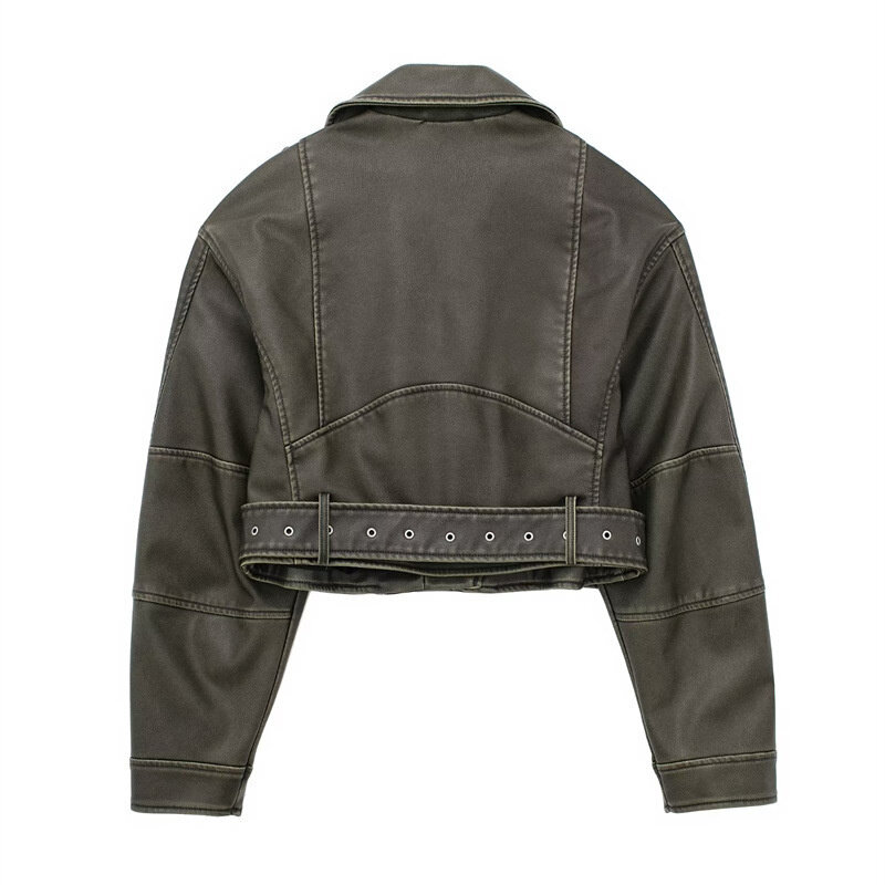 Y2K giacca in pelle sintetica da donna Retro risvolto cintura con cerniera a maniche lunghe giacca corta Casual Street Hip Hop abbigliamento sportivo sciolto