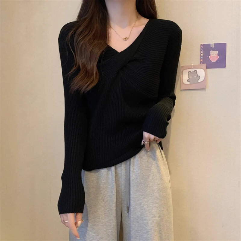 여성용 긴팔 니트 풀오버 V넥 스웨터, 기본 여성 의류, 단색 OL 스웨터, 겨울 2023 패션