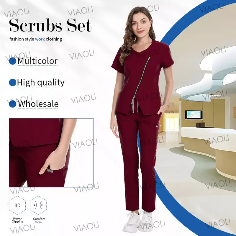 Zip Jacket+Pocket Pants Medical Uniform Women Scrub Set Nurse Accessories Hospital Dental Clinic Work Suit Beauty Salon Workwear