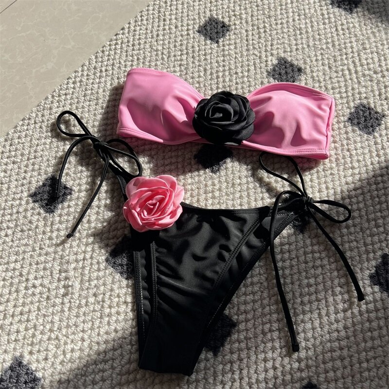Costume da bagno Bikini da donna bianco nero 2 pezzi Top + intimo estate 3D Flower Party Beach Holiday Hot Girl Streetwear Robes