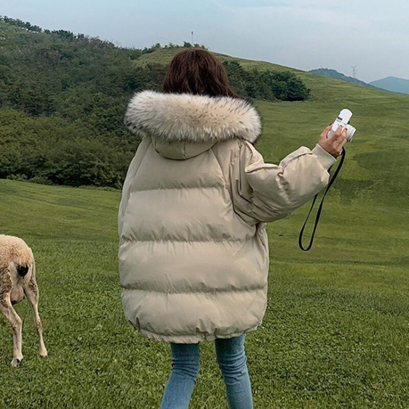 Abrigo de plumón de algodón para mujer, Chaqueta corta holgada, gruesa y cálida, con cuello de piel y capucha, versátil, para invierno, novedad de 2023
