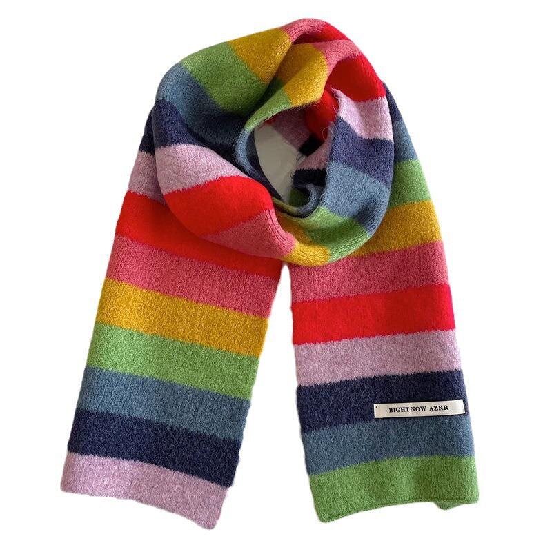 Bufanda de Mohair a rayas de arcoíris para hombres y mujeres, bufanda corta de lana de bloqueo de color, bufanda corta cálida para estudiantes, Invierno