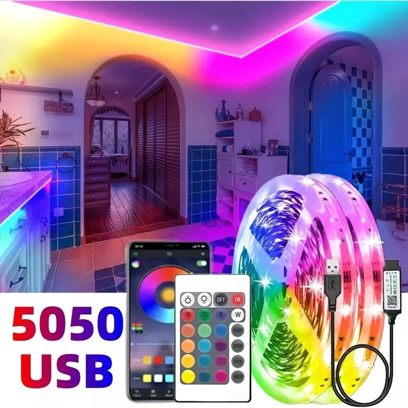 Bande Lumineuse LED 5050 RVB Bluetooth, 1-30m, 5V, USB, Rétro-Éclairage TV, Décoration de Salle, Lampe à Diode, Ruban Flexible