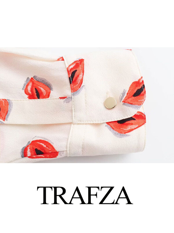 TRAFZA Summer Suits Woman 2024 Trendy Print Turn-Down Collar Long Sleeve Single Breasted Shirts+High Waist Zipper Short Skirt