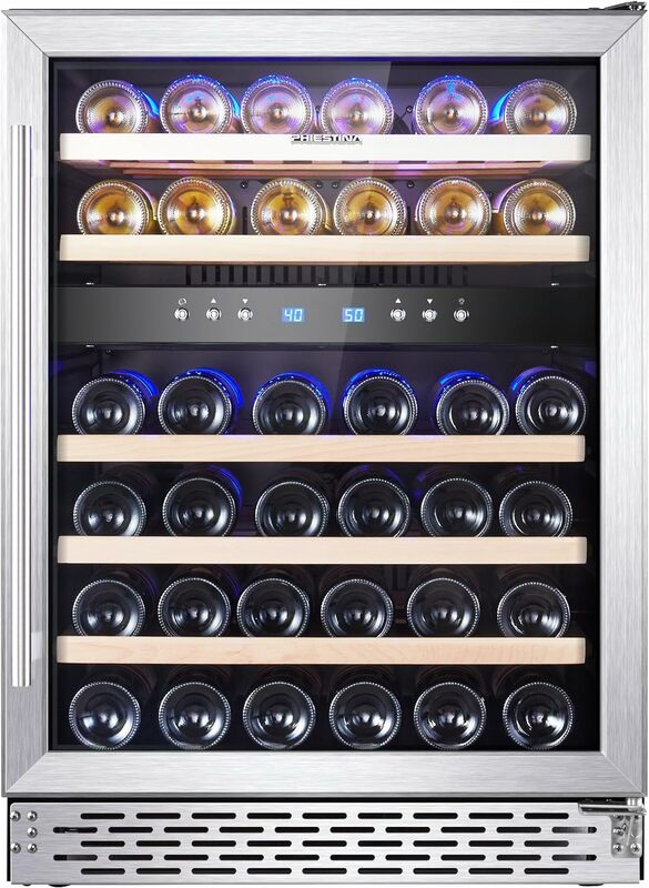Phiestina Wine Refrigerator, 24 inch-46 Bottles Wine Cooler, Built-in Wine Fridge Under Counter or Freestanding Dual Zones