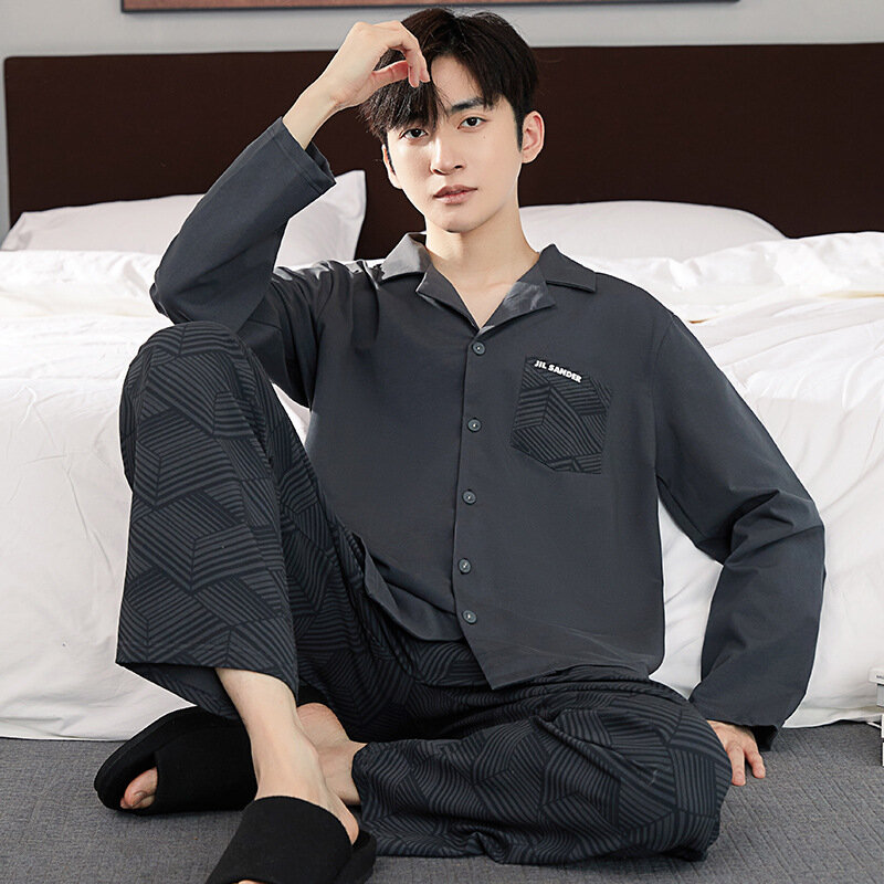 Koreańska moda bawełniana ubrania domowe dla mężczyzn jesienny Cardigan długa piżama zestaw 2023 nowa bielizna nocna 2 sztuki piżama piżama homme