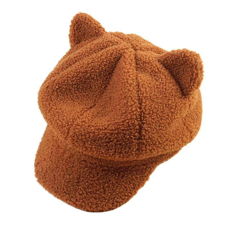 Femmes filles hiver fausse laine chaud béret casquette mignon pour oreilles chat couleur unie Vintage gavroche peintre à