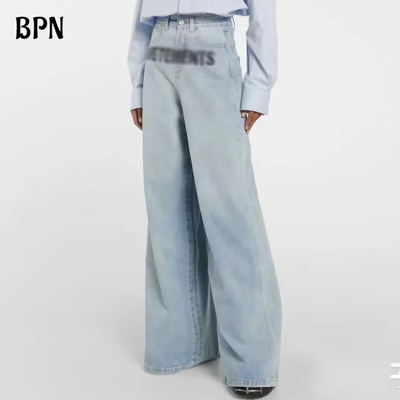 BPN-Jeans feminino estampado com letras, cintura alta, bolsos em retalhos, minimalista, solto, perna larga, calça jeans feminina, moda casual, novo