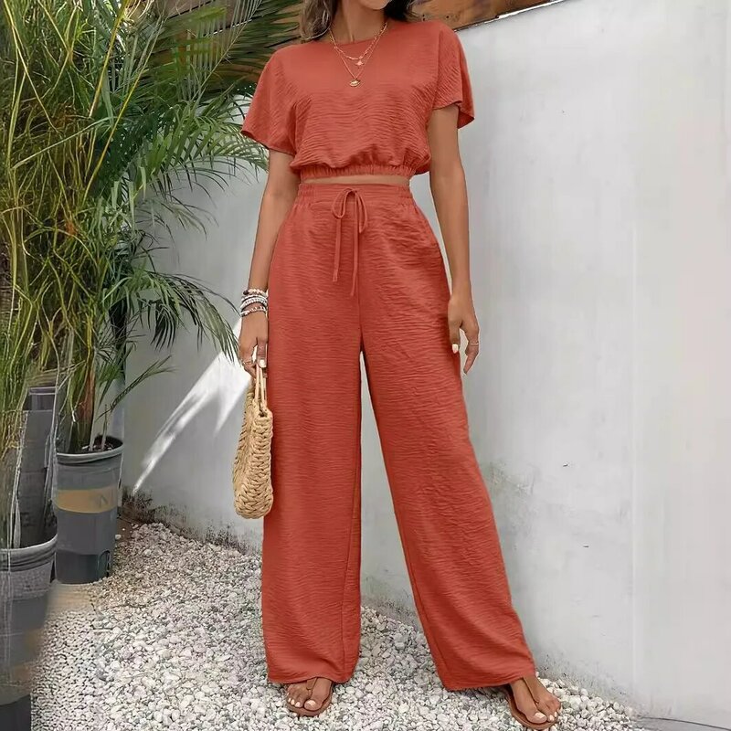 Texture Solid Color Two Piece Suit For Women 2024 Summer Casual O Neck Elasticated Hem Top And Pants Streetwear Sets