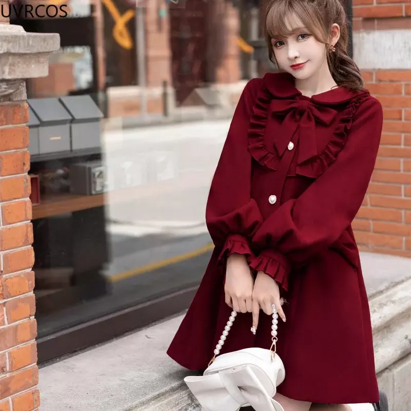 Manteau en laine de style Lolita japonais pour femmes, nœud Kawai doux, vestes A-Line At, vêtements d'extérieur élégants pour femmes, mode coréenne d'automne, hiver