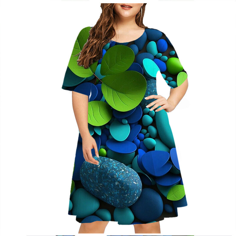 Платье женское с круглым вырезом, модное свободное повседневное мини-платье с коротким рукавом и 3D-принтом, в форме капли зеленого листа, большие размеры 6XL, на лето, 5XL