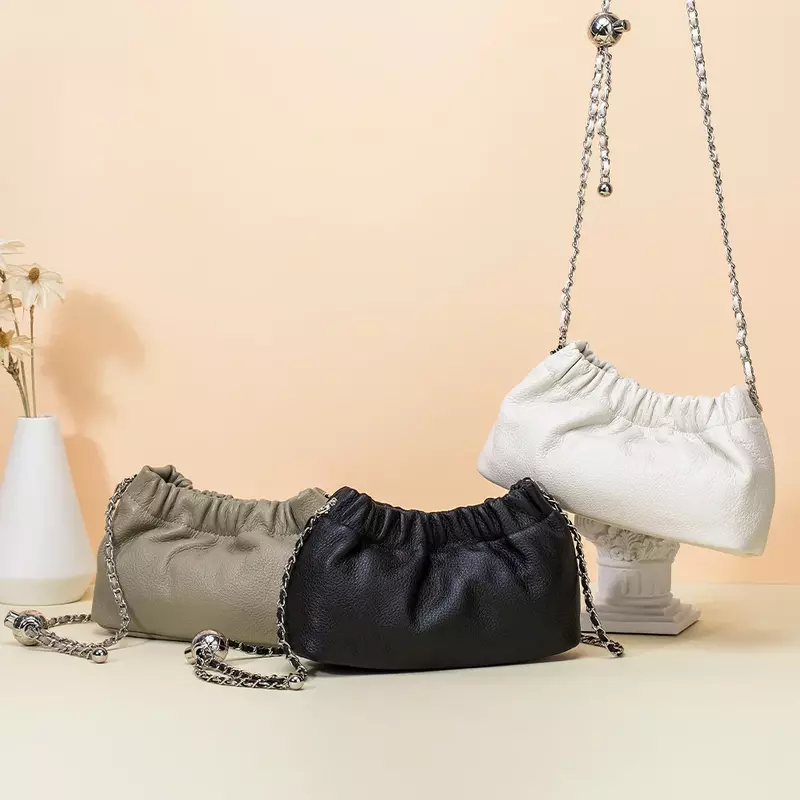 Cloud Clutch Purses for Women, Soft, Genuine Leather, Dumpling Bag, Underarm, Small, Adjustable Strap, Crossbody Purse, 2024