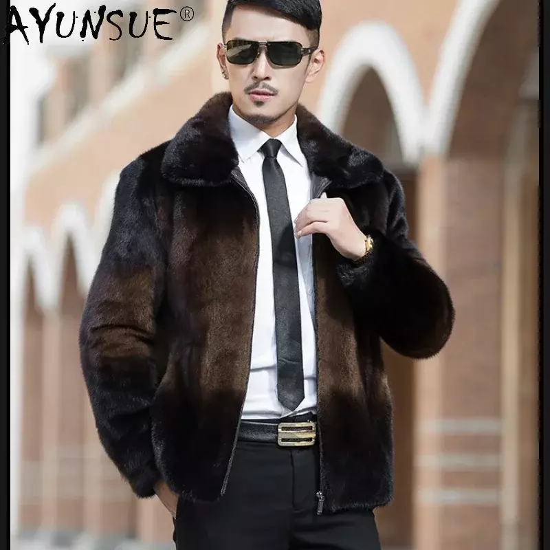 AYUNSUE-Casaco de pele real masculino, jaqueta de vison importada, pele natural, gola virada para baixo, qualidade superior, inverno, 2023