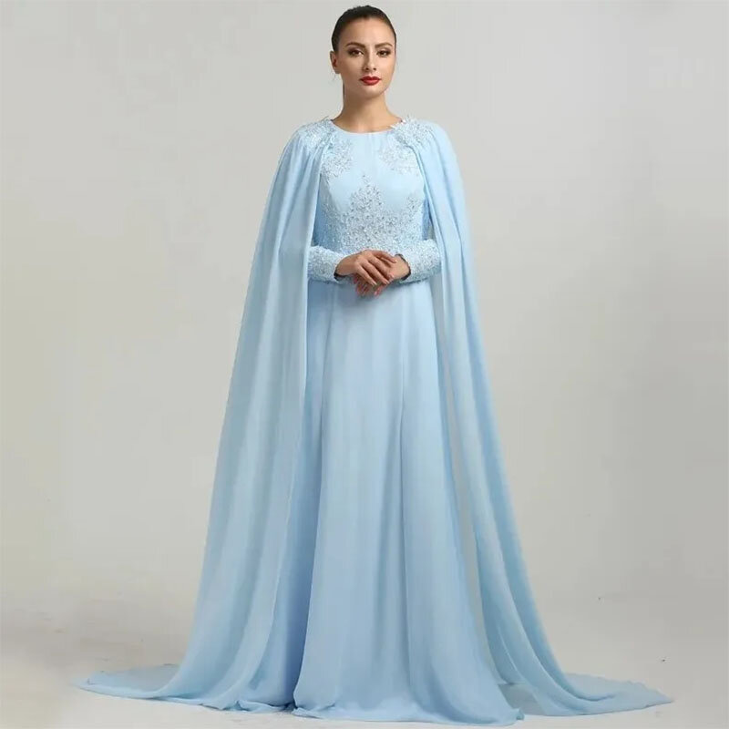 Gaun kontes malam biru langit, gaun Formal Muslim Prom 2024 dengan lengan topi leher O renda applique sifon