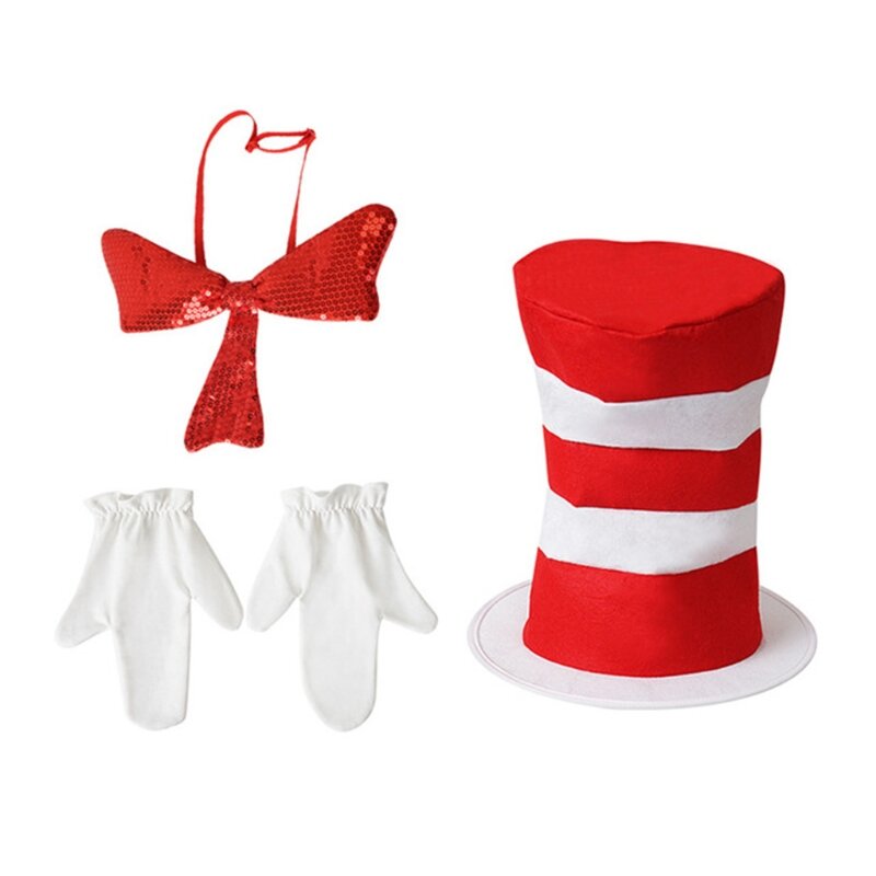 3 buah untuk Dr. Seuss Cosplay kostum Novel merah putih topi bergaris sarung tangan dasi kupu-kupu Ki Drop Shipping