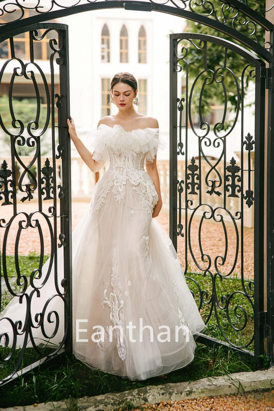 Ivory-vestido de novia sin tirantes, prenda de encaje con volantes y cordones, para fiesta de boda
