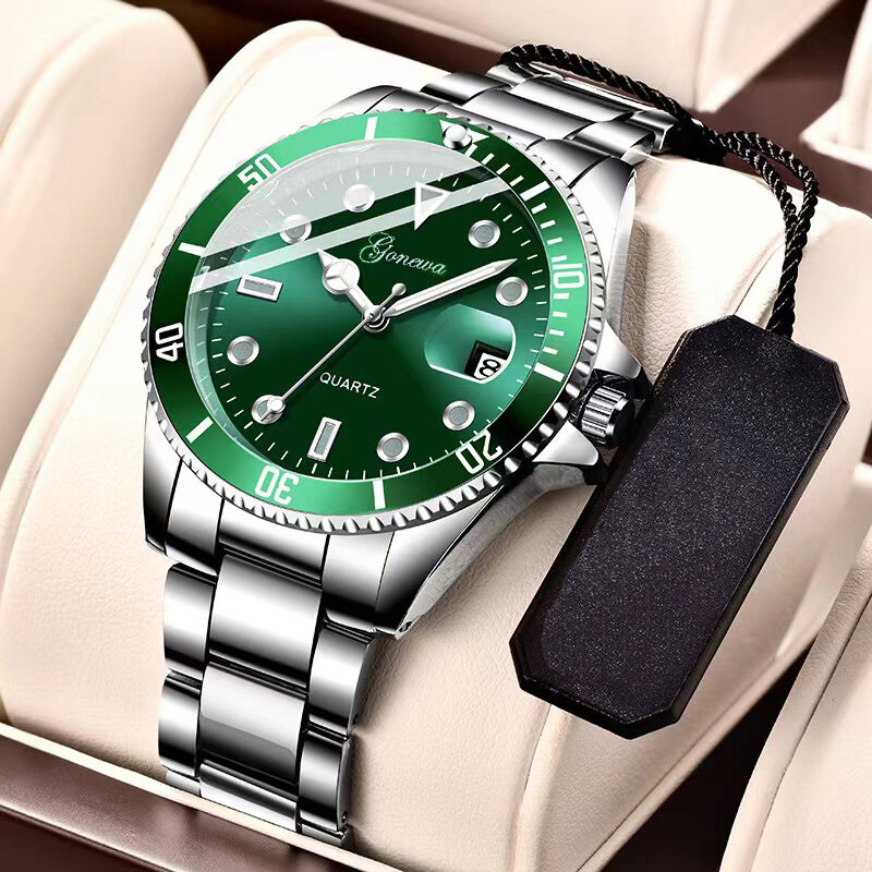Green water ghost jam tangan pria, arloji sabuk baja kalender tahan air, kalender bercahaya non-mekanik