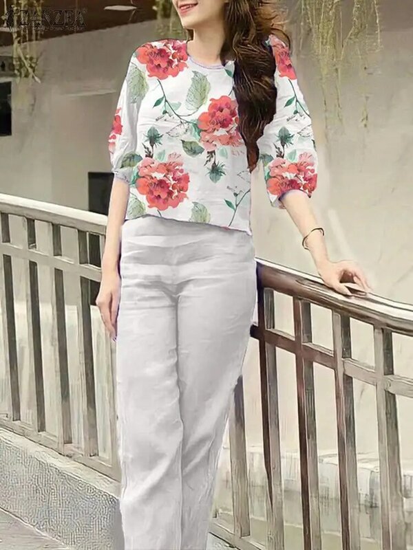 ZANZEA-Blusa floral e calças largas para mulheres, calças combinando, calças vintage, manga 3/4, elegantes, roupas de treino de trabalho, verão, 2 peças