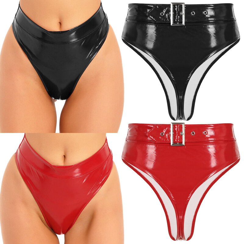 Women Bikini Briefs High Waist Thong WetLook Patent Leather Underwear Adjustable Buckle Belted Panties for Clubwear Pole Dancing